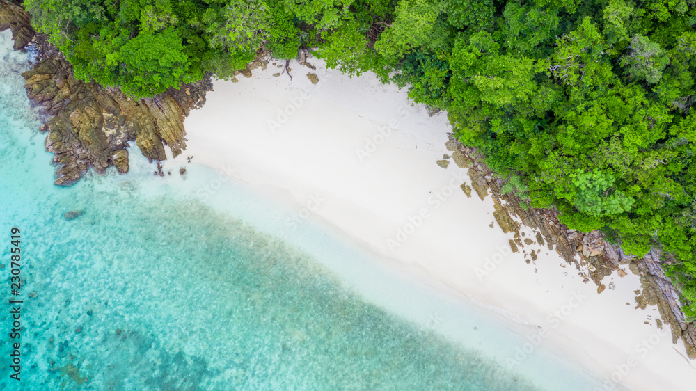 Aerial top view beautiful tropical island with white sand beach and blue clear water, Top view above