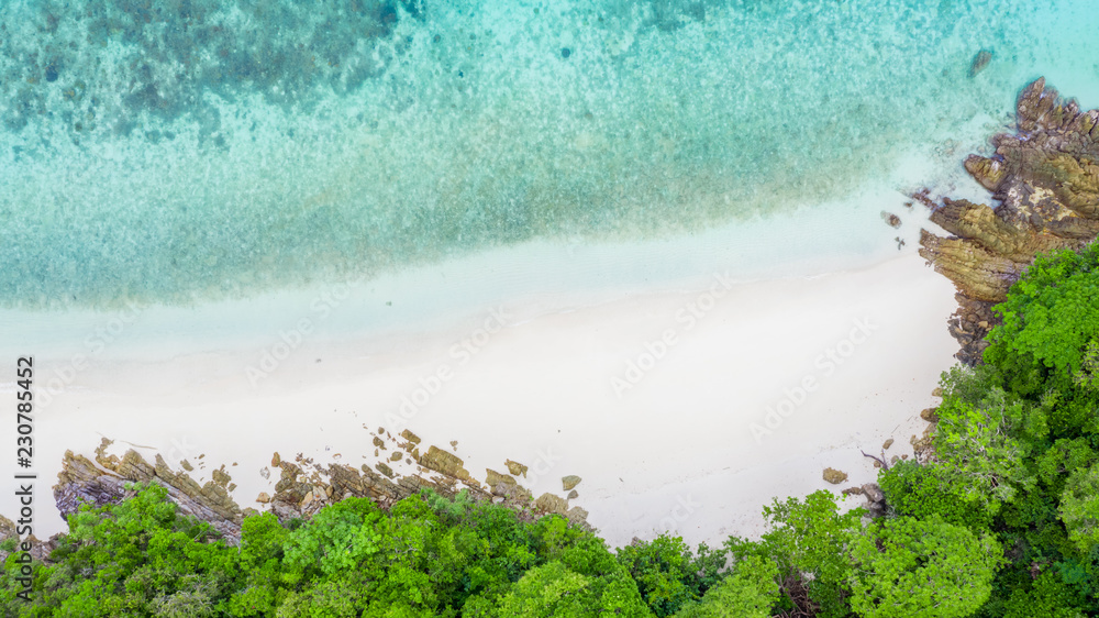 Aerial top view beautiful tropical island with white sand beach and blue clear water, Top view above