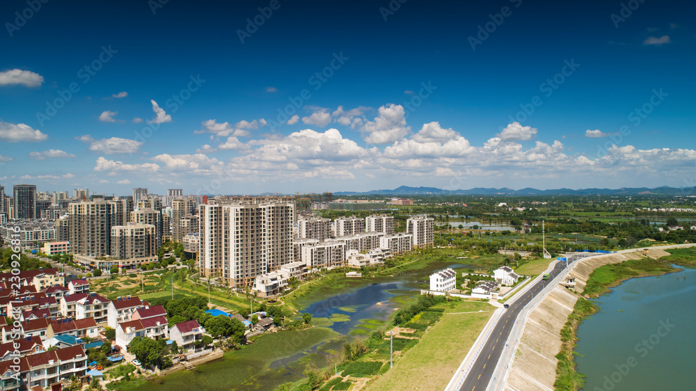 安徽省郎溪县蓝天白云生态美景鸟瞰图