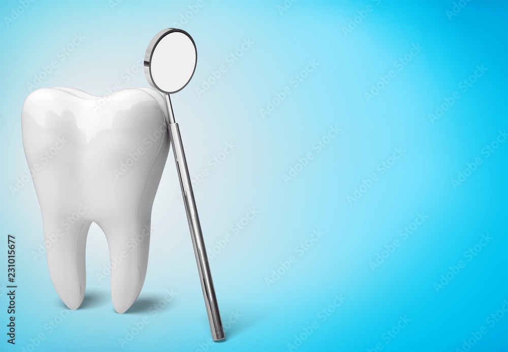 Big tooth and dentist mirror, medical concept