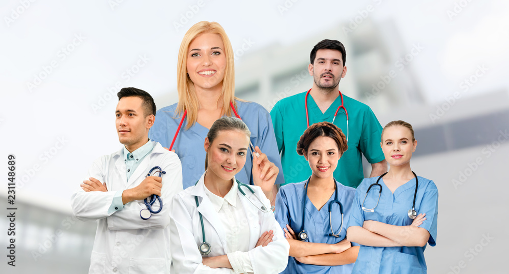 Healthcare people group portrait in creative layout. Professional medical staff, doctors, nurse and 