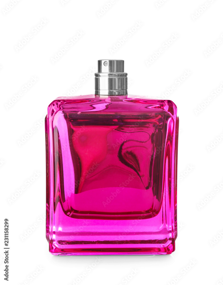 Transparent bottle of perfume on white background