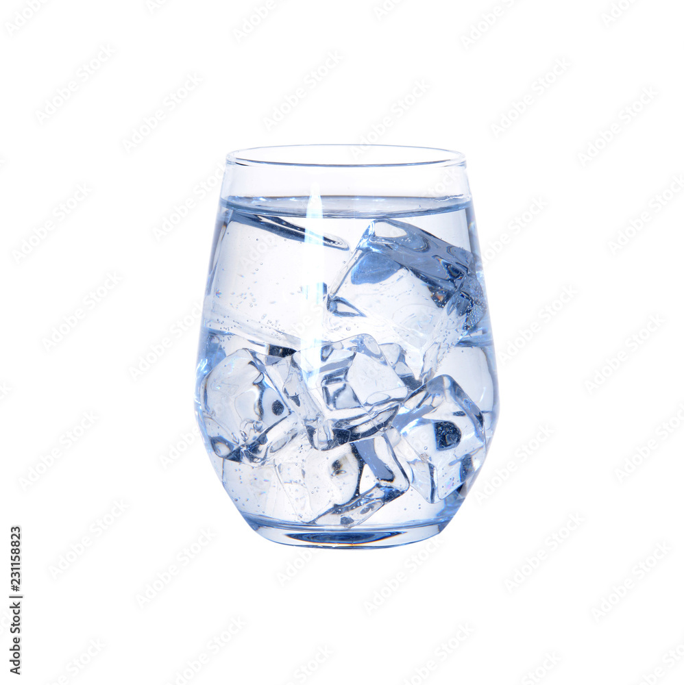 Glass of cold fresh water with ice on white background