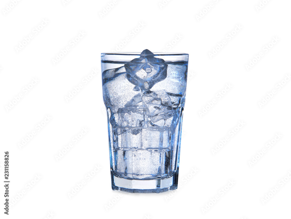 Glass of clean water with ice on white background