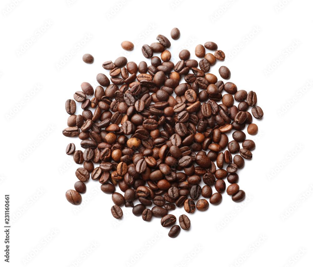 Roasted coffee beans on white background