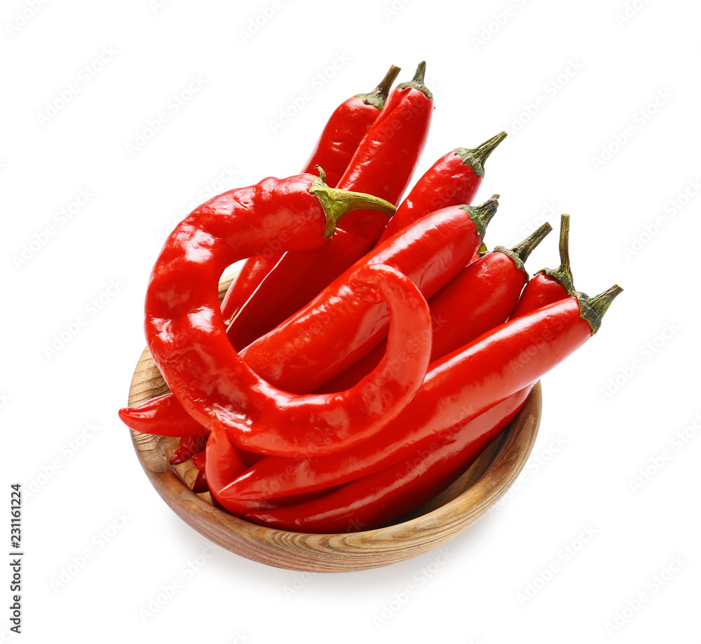 Bowl with red chili peppers on white background