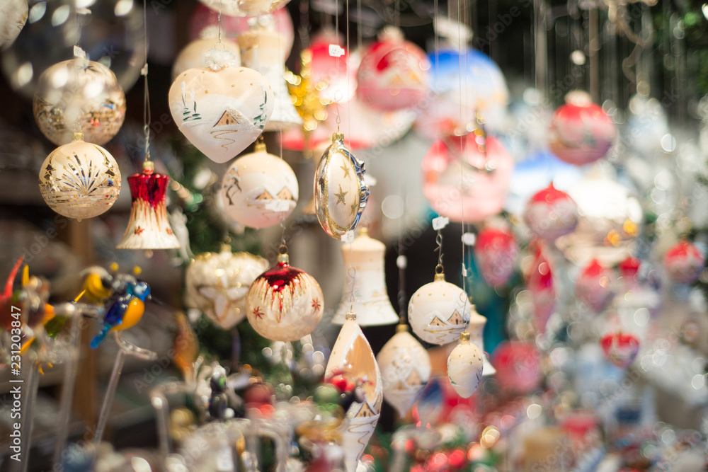 Christmas decoration on a european market. Holiday shopping