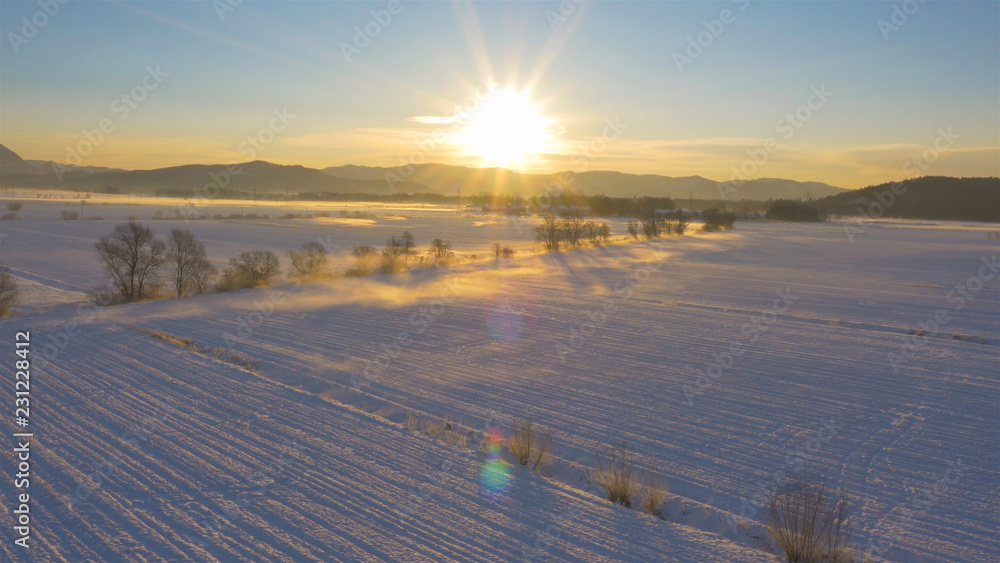 空中飞行：在一个阳光明媚的冬夜，飞越被雪覆盖的大片田野。