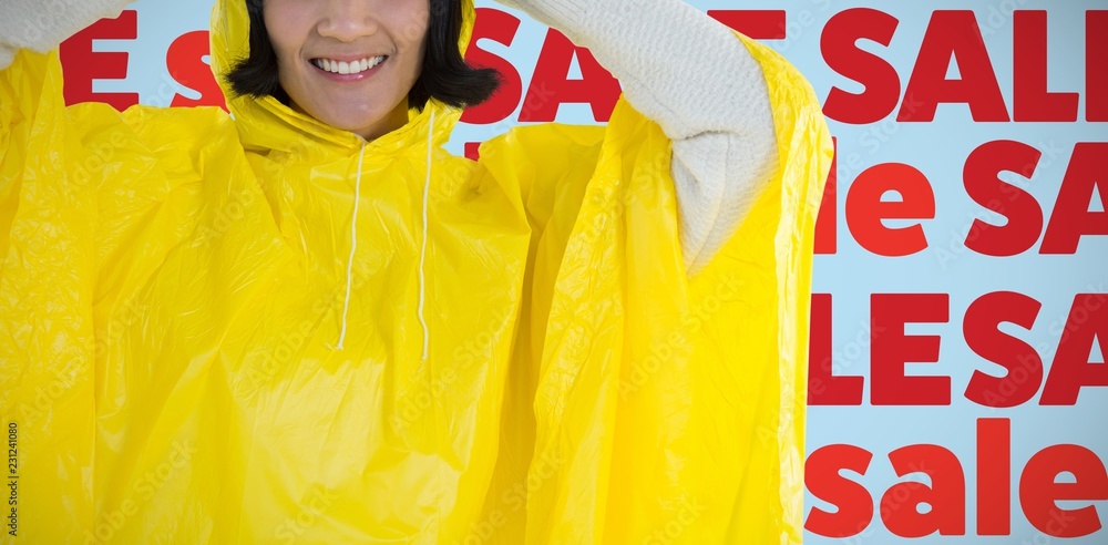 身穿黄色雨衣的女子搭配白色的合成图像