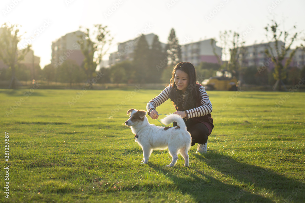 狗和女主人，公园背景