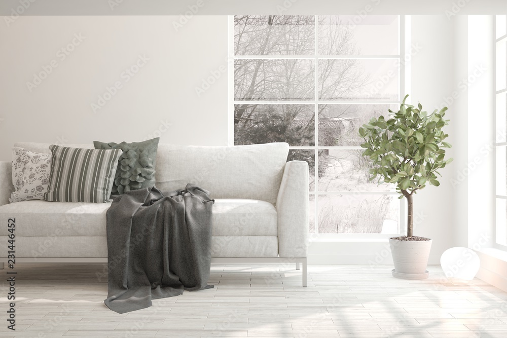 White room with sofa and winter landscape in window. Scandinavian interior design. 3D illustration