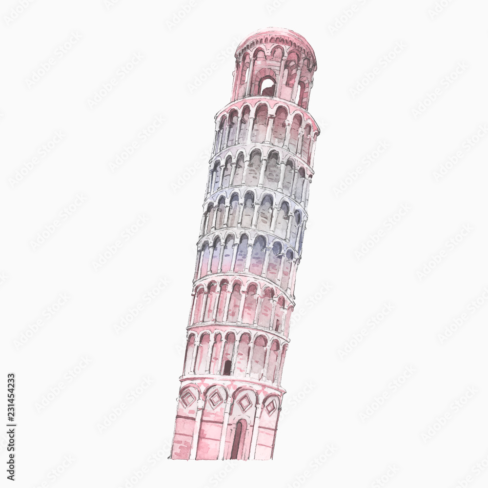 The Leaning Tower of Pisa painted by watercolor