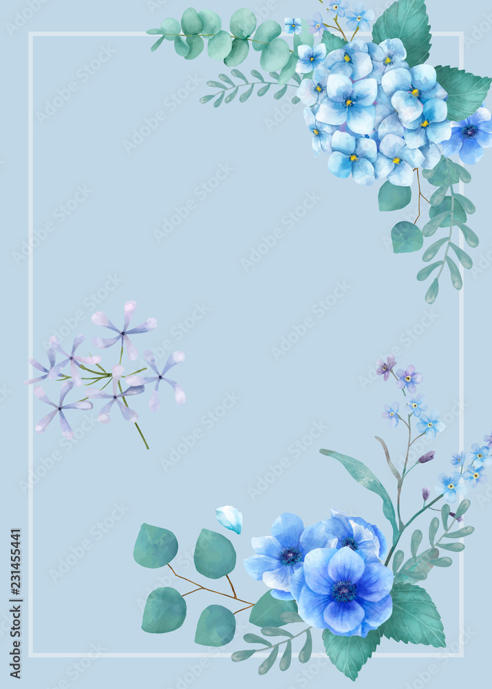 Blue themed greetings card with miniature leaves