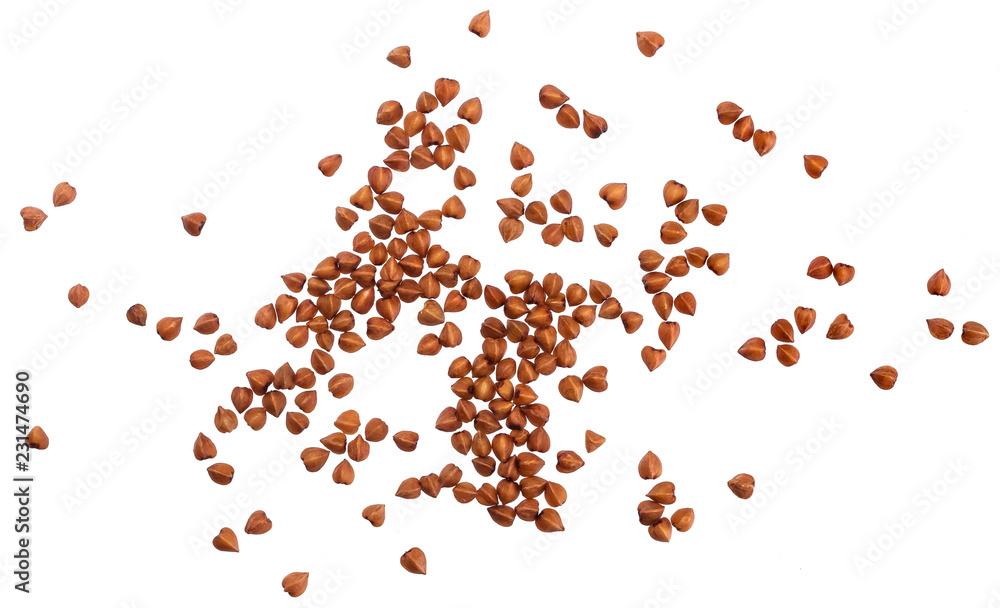 Close up of buckwheat grains isolated on white background. Top view