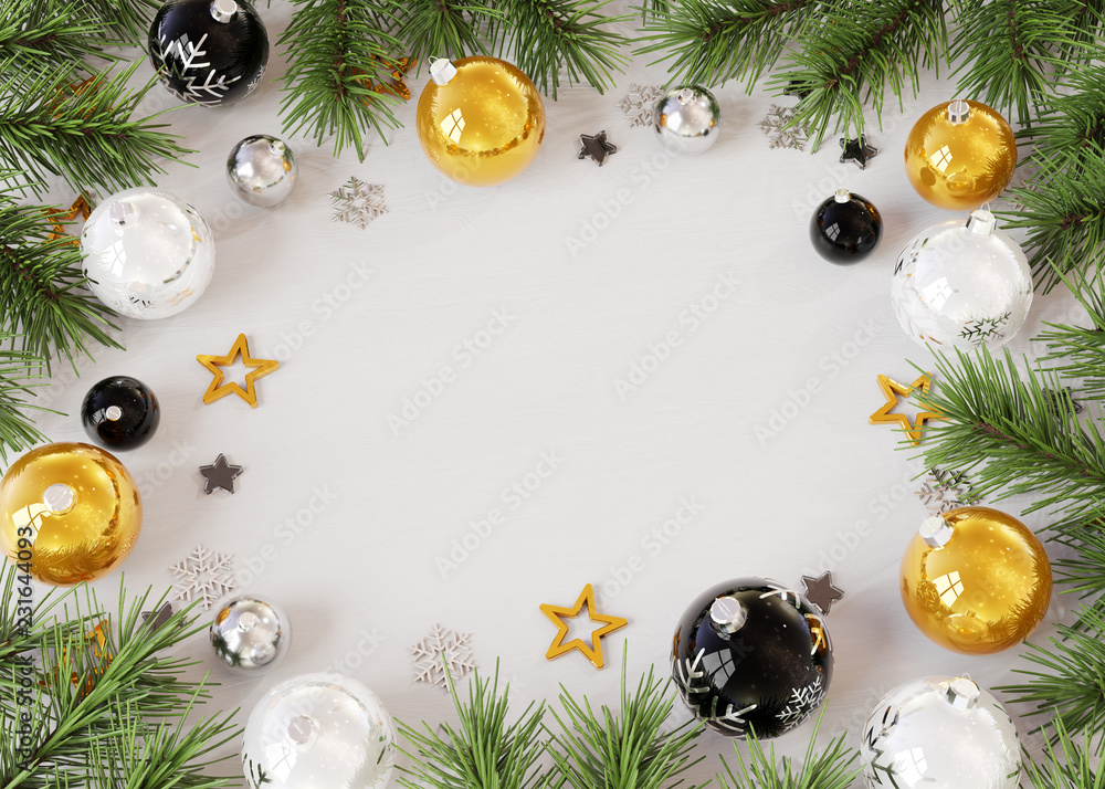 Christmas card mockup with golden baubles 3D rendering