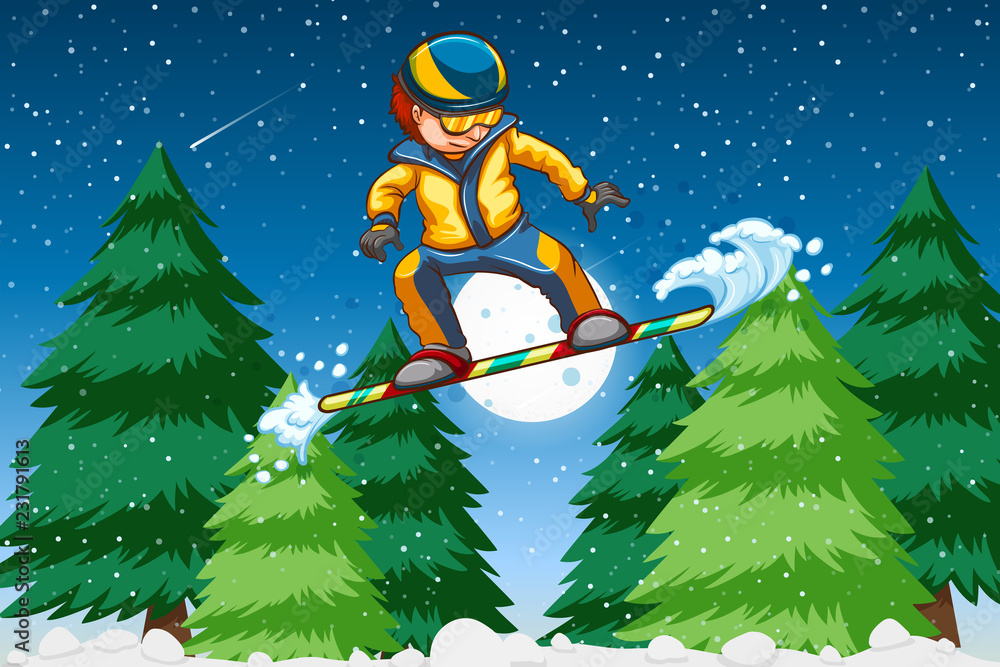 A young man snowboarding