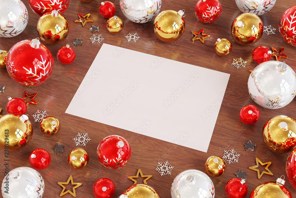 Christmas card mockup with red baubles 3D rendering