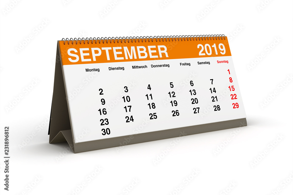 2019年9月-Tischkalender als 3D插图