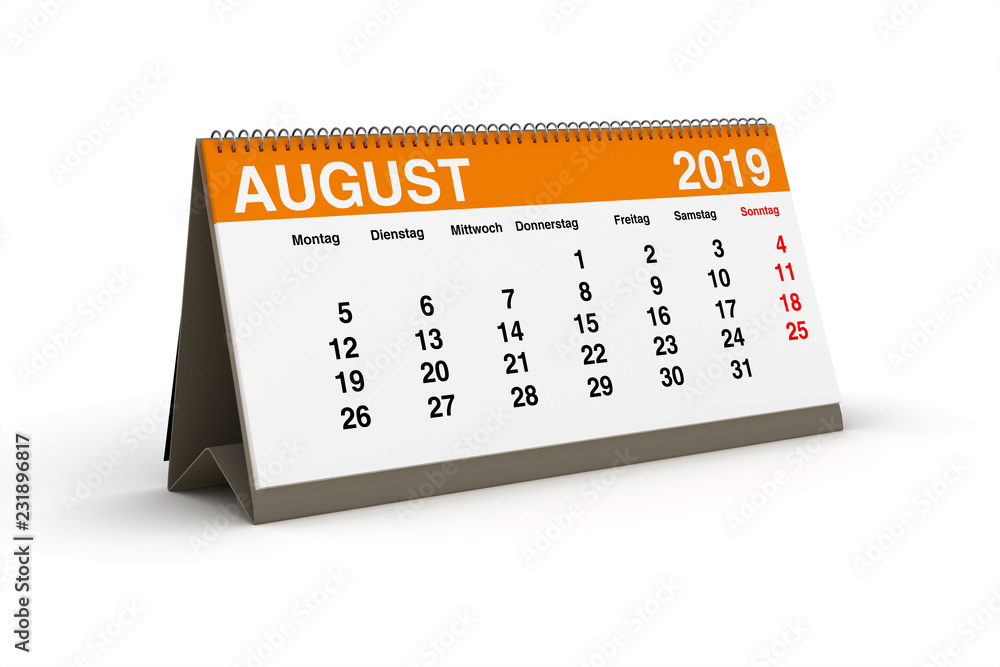 2019年8月-Tischkalender als 3D插图