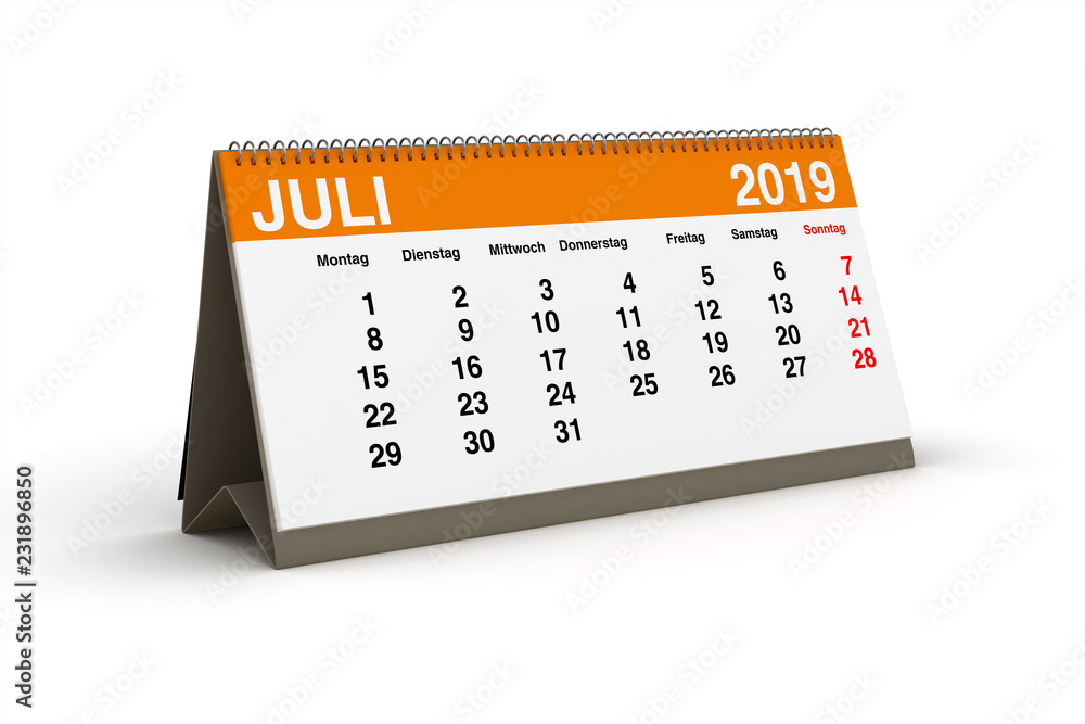 2019年7月-Tischkalender als 3D插图