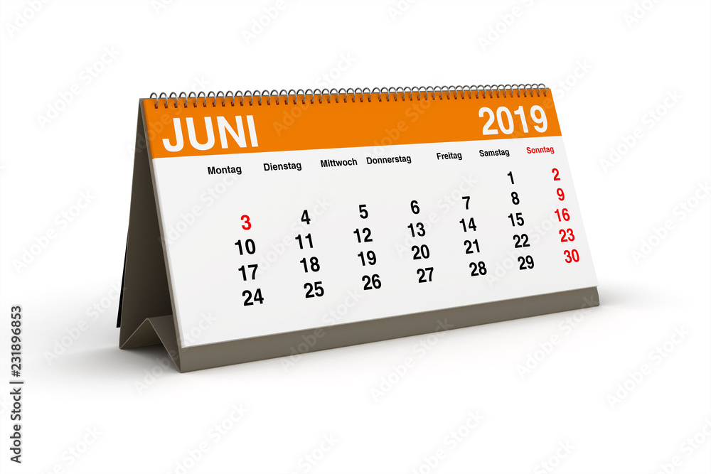 2019年6月-Tischkalender als 3D插图