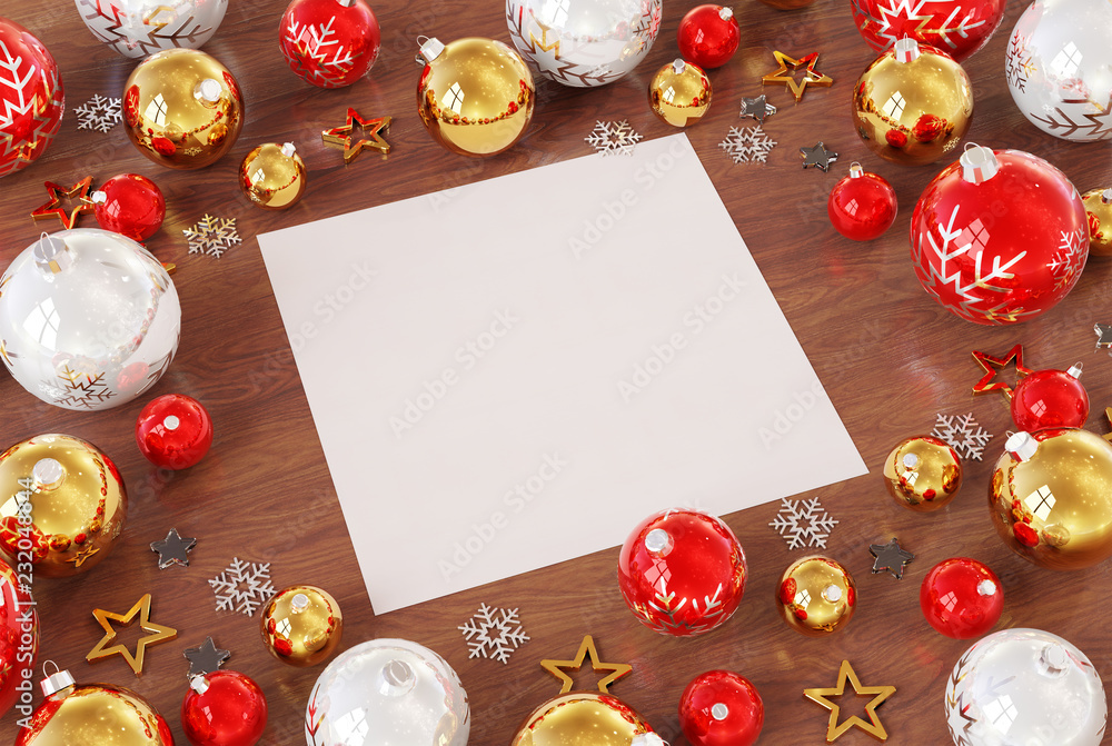 Christmas card mockup with red baubles 3D rendering