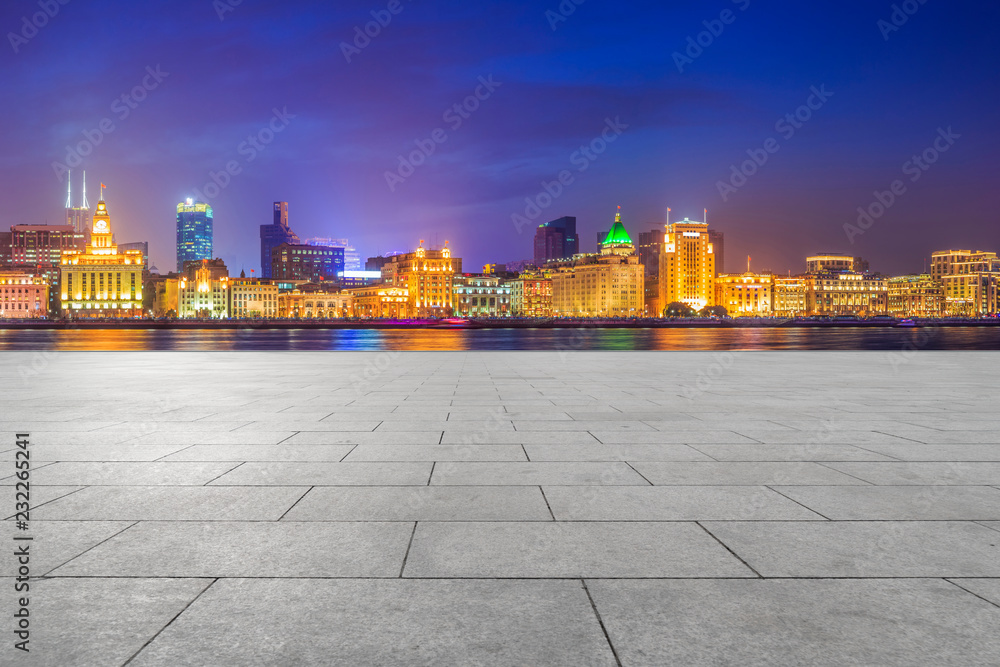 Blue sky, empty marble floor and skyline of Shanghai urban architecture.