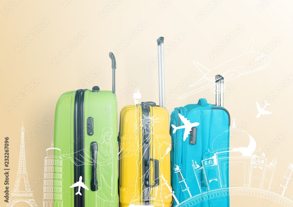 Minimal suitcase travel accessories airplane airport arrival