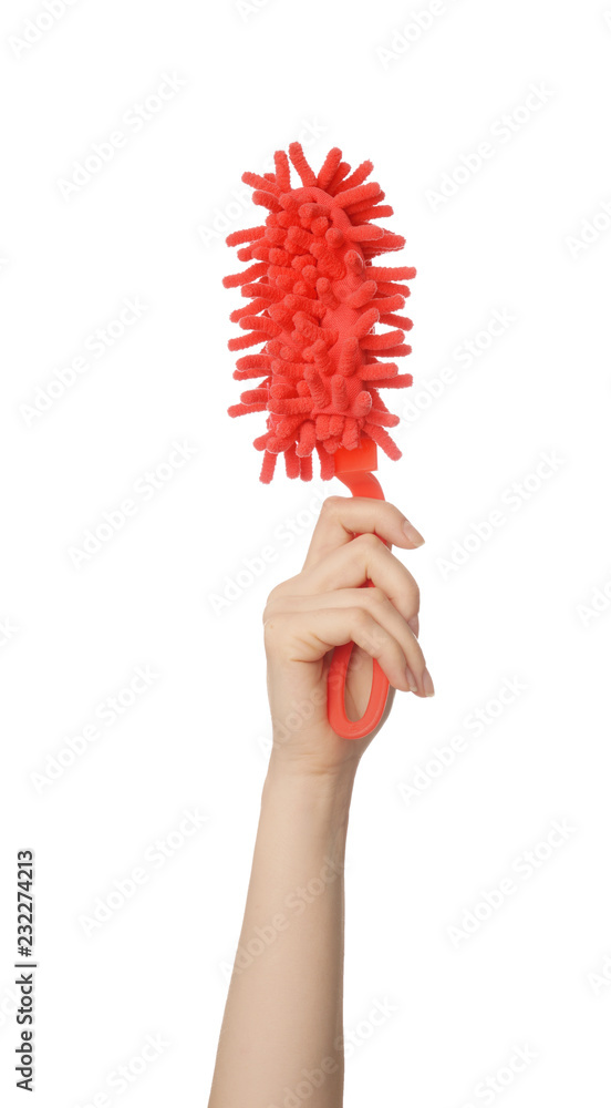 Woman holding tool for cleaning on white background