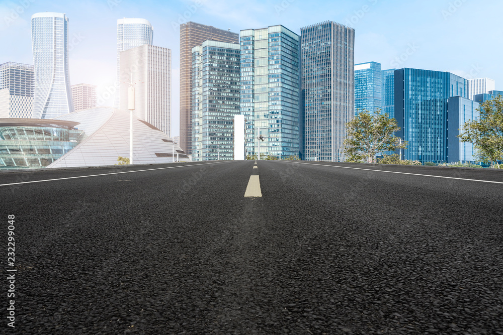 Urban road asphalt pavement and skyline of Hangzhou urban construction