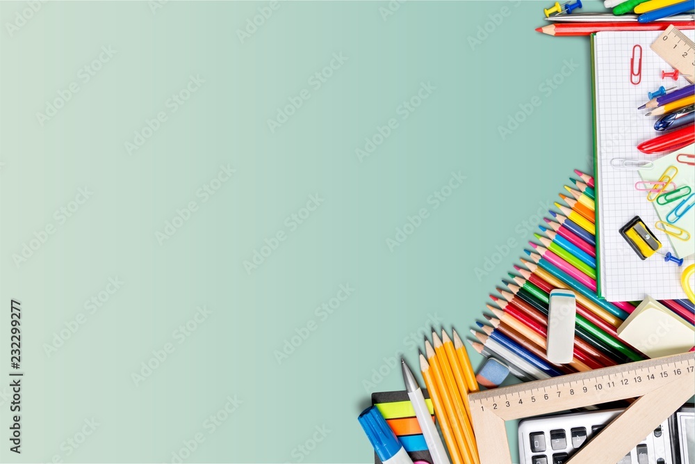 Assortment  of School supplies on  background