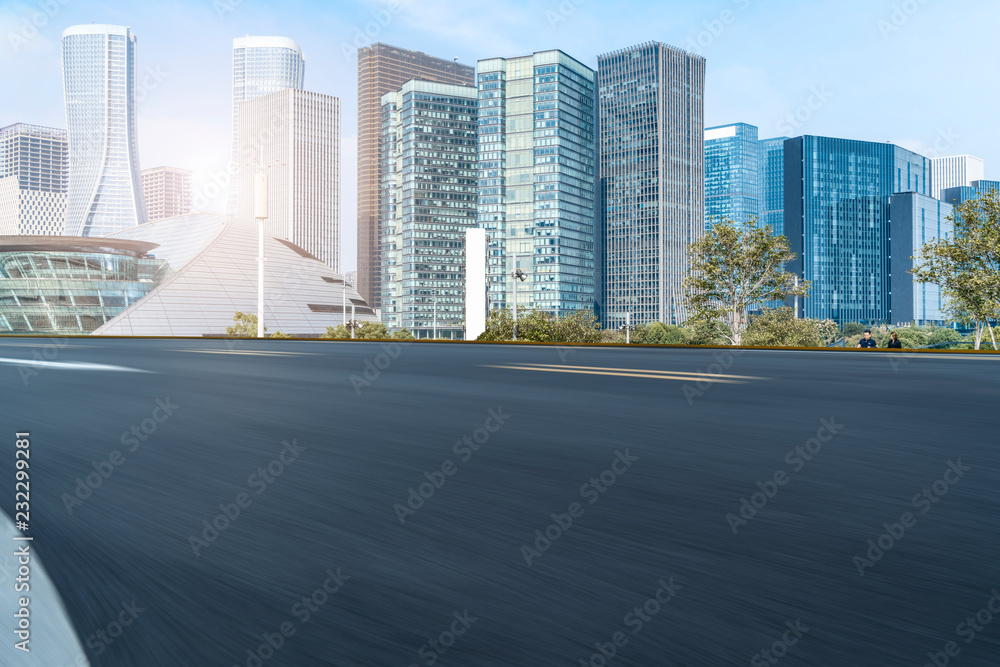 Urban road asphalt pavement and skyline of Hangzhou urban construction