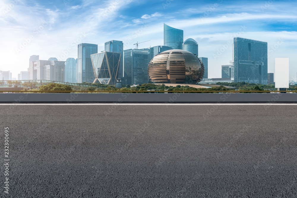 Urban road asphalt pavement and skyline of Hangzhou urban construction