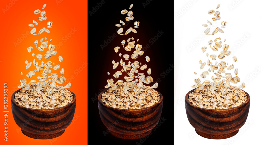 Oat flakes falling in bowl, isolated on white, black, color backgrounds, flying oats packaging conce