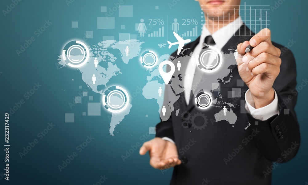 Businessman and  business symbols on  background