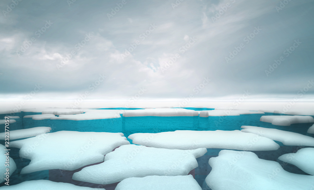 cracked iceberg pieces with dark sky background template, global warming and environmental condition