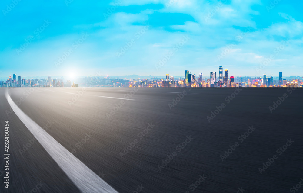 City skyscrapers and road asphalt pavement