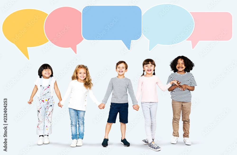 Group of diverse kids with blank speech bubbles