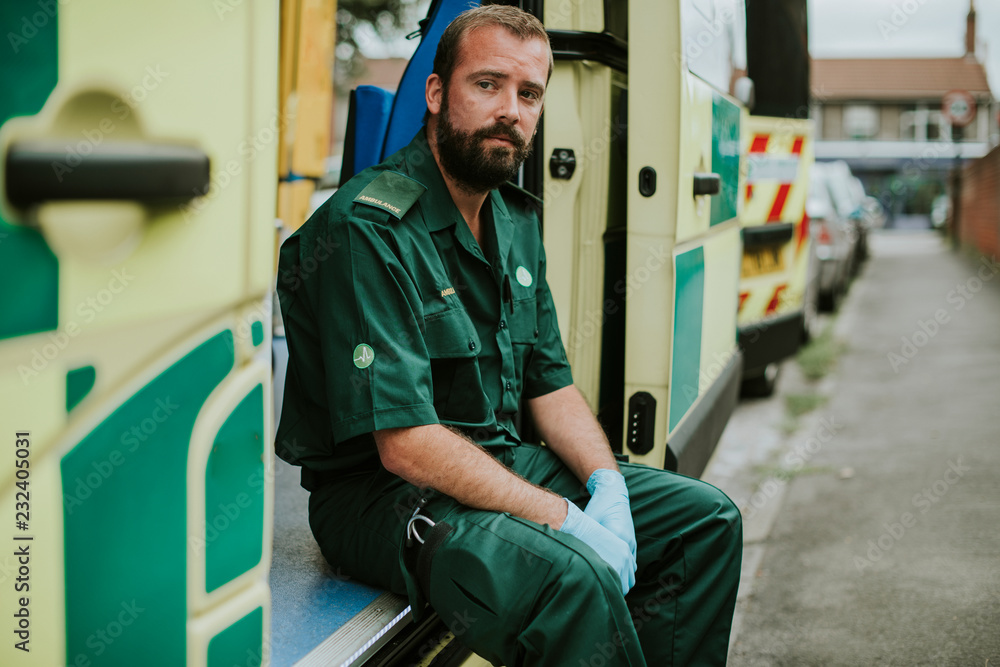 Paramedics at work with an ambulance