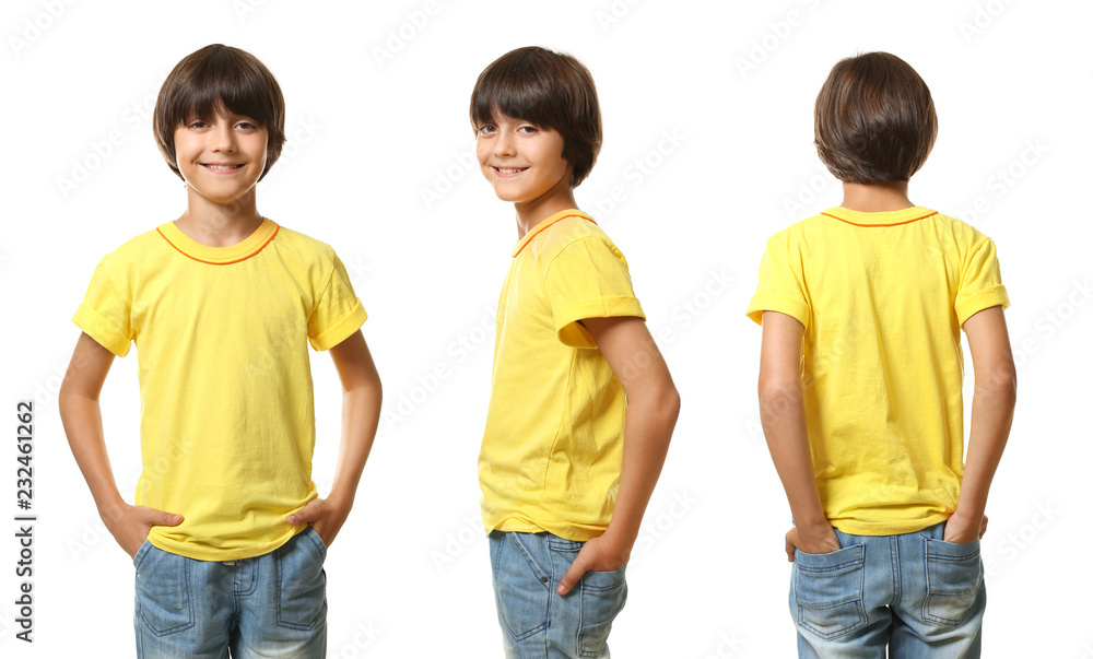 Collage with little boy in t-shirt on white background. Front, side and back view