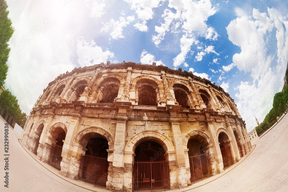 Front view of Coliseum amphitheater in Nimes