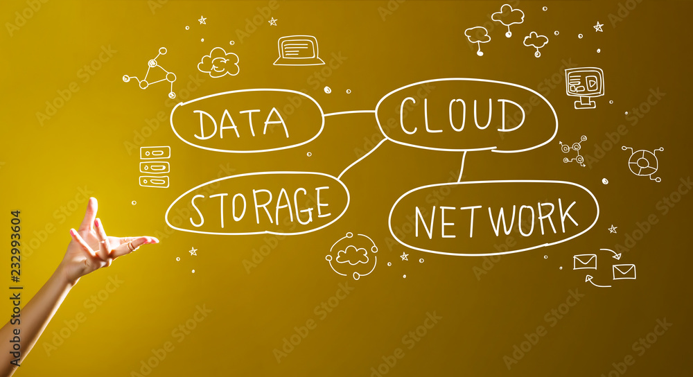 Cloud computing concept with a hand in a dark yellow background