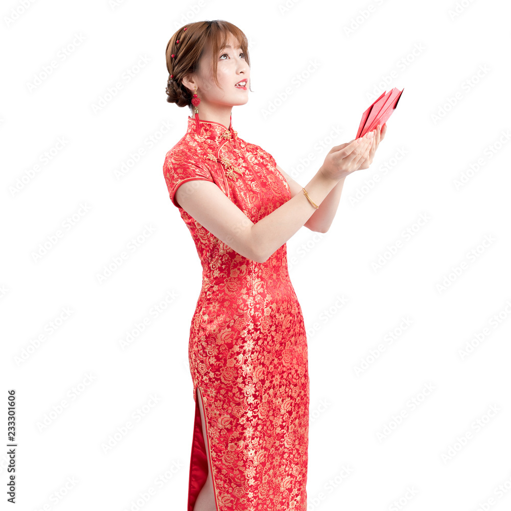 little girl in red cheongsam