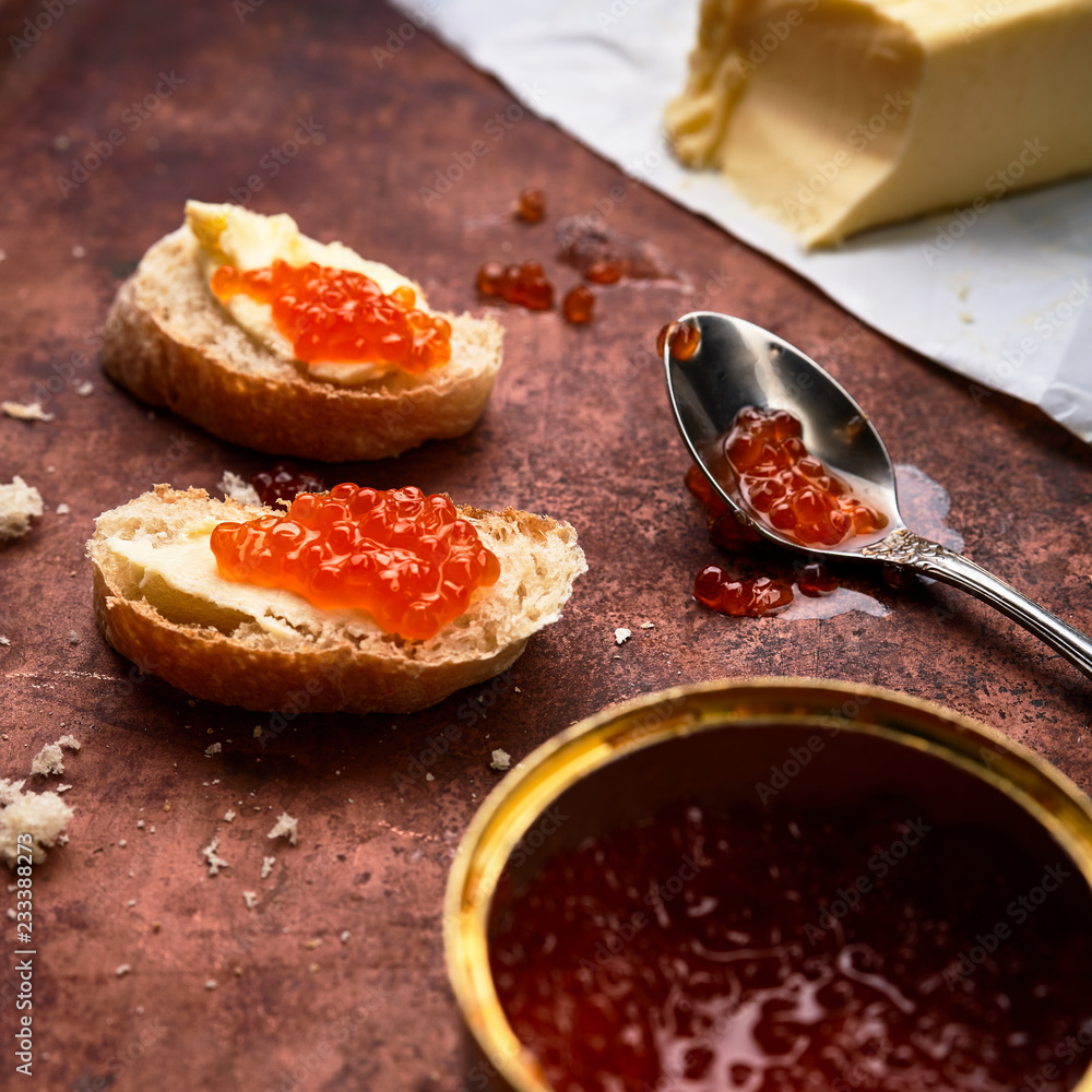 Salmon red caviar in tin and Sandwiches