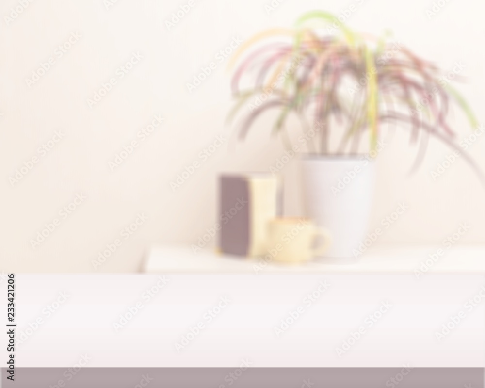 Blurred   Wooden table   with plant pots on  background