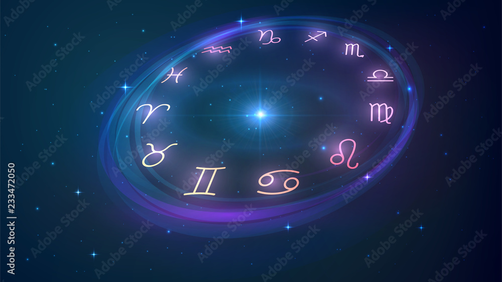 Wheel with twelve signs of the zodiac in night sky, astrology, esotericism, prediction of the future