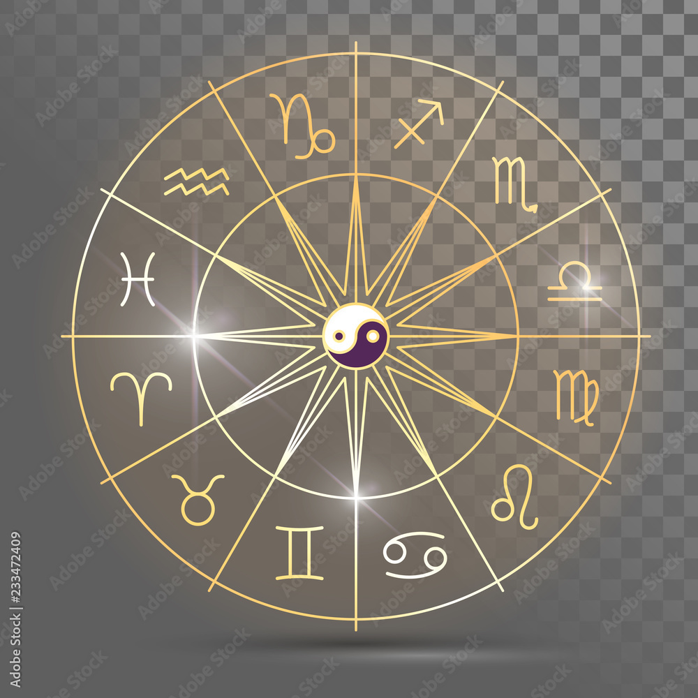 Golden wheel with twelve signs of the zodiac, astrology, esotericism, prediction of the future.