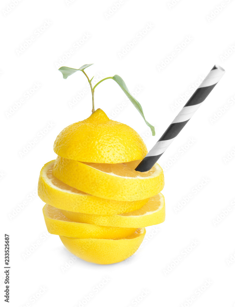 Creative composition with lemon slices and straw on white background