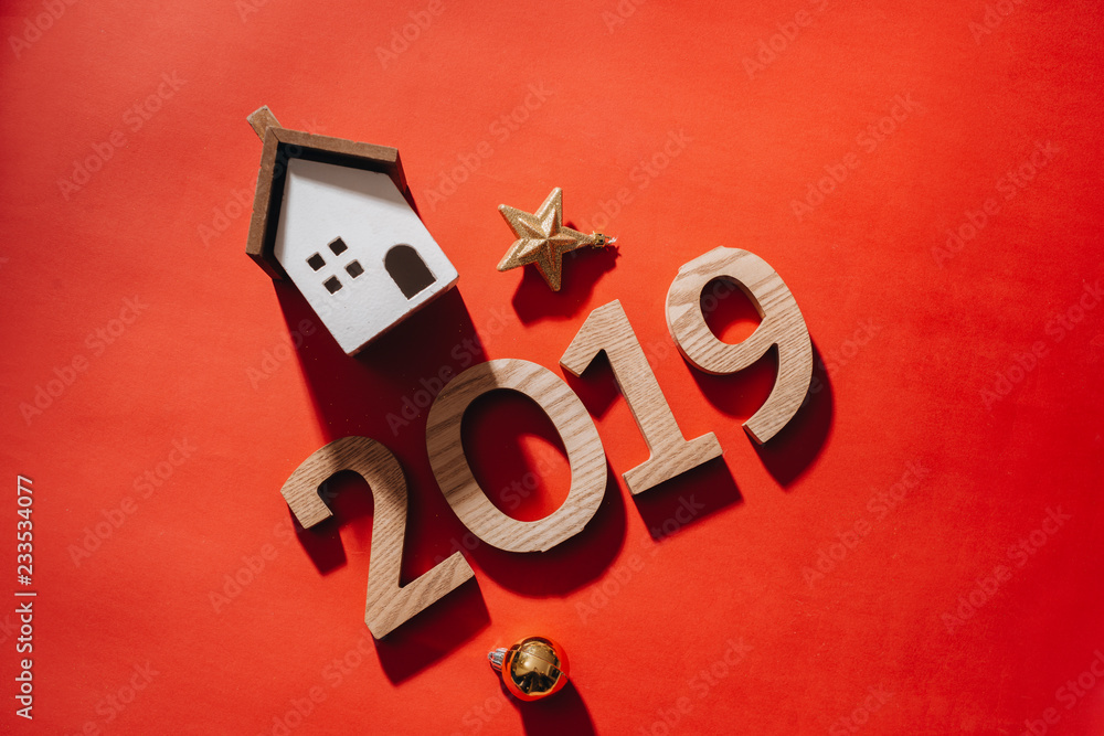 For the new year 2019 on red background with gift box and Christmas decoration.