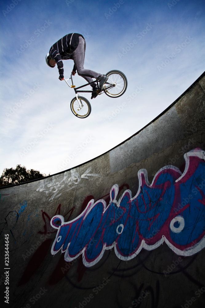 Low angle view of man performing stunt while cycling on sports ramp